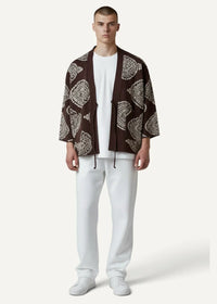 Brown paisley-patterned haori japanese kimono jacket with open front and white drawstring detail