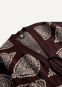 Haori Japanese kimono jacket maroon cardigan with intricate white paisley patterns ribbed neckline and front tie closure