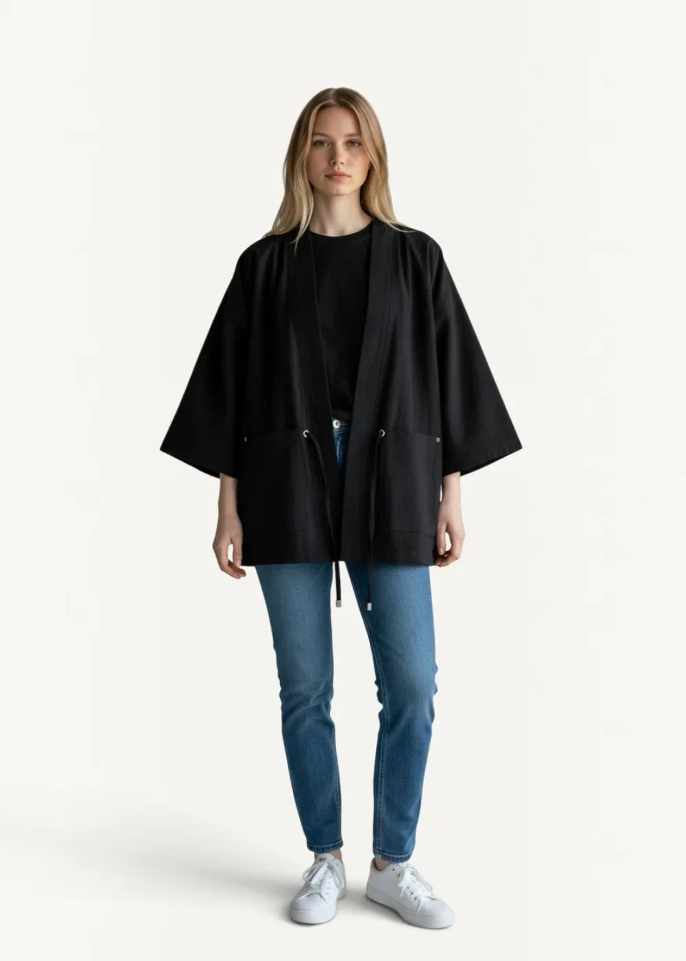 Black lightweight haori kimono jacket with wide sleeves and front pockets ideal for layering and casual wear