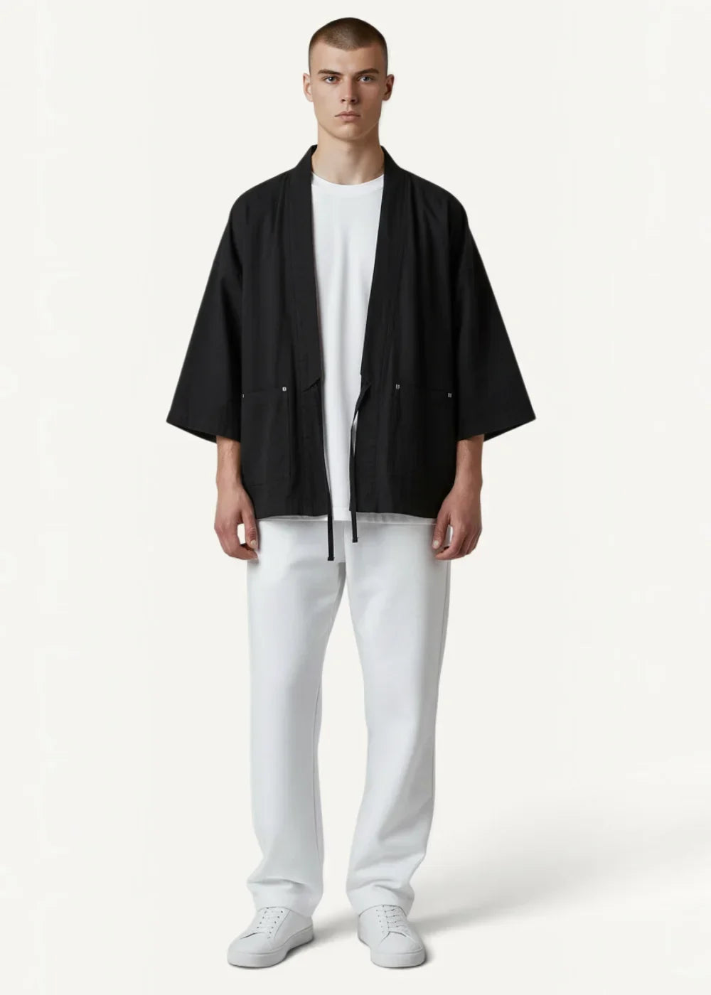 Black unisex haori kimono jacket with relaxed fit short sleeves and front drawstring closure for casual wear