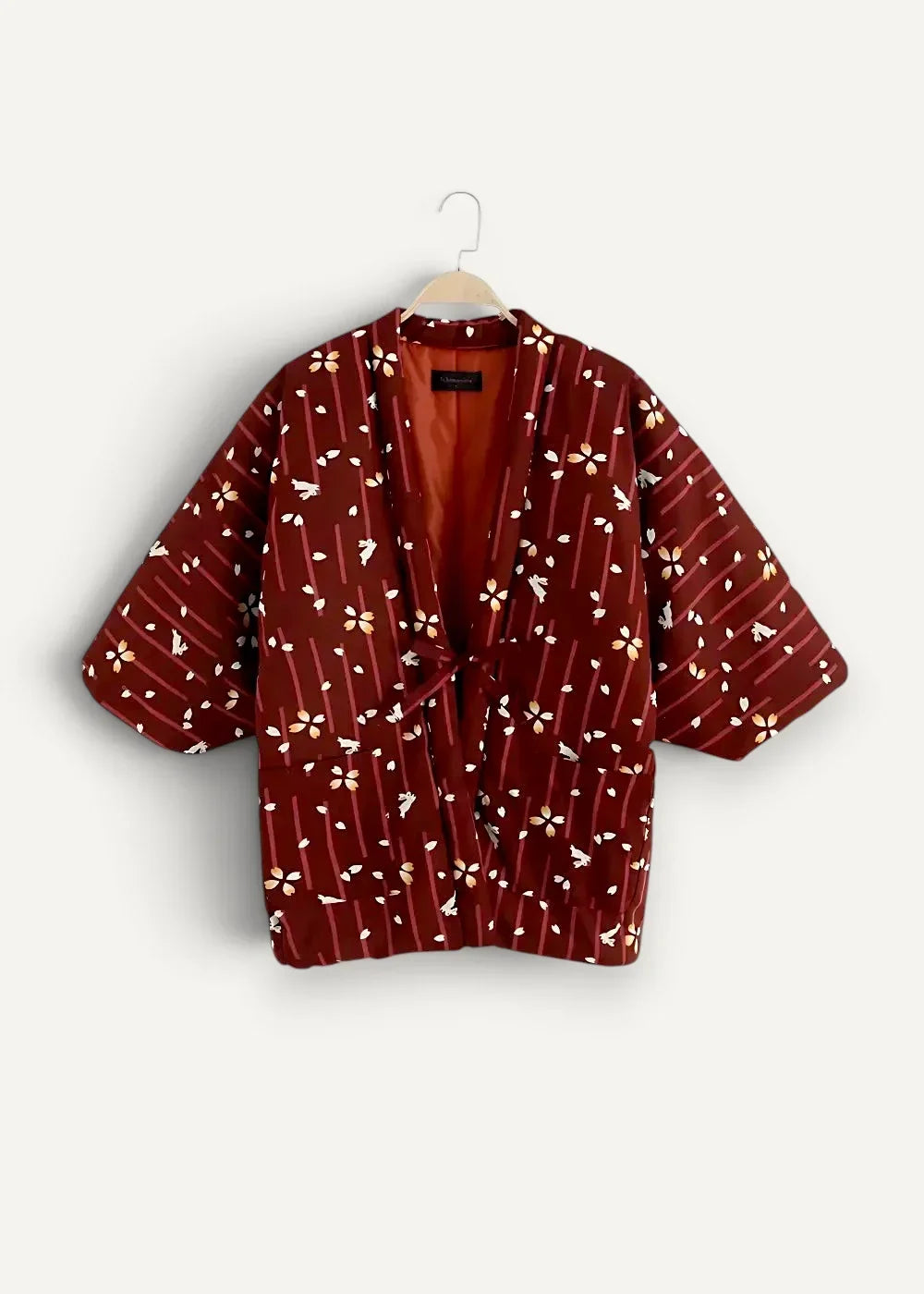 Haori kimono female maroon quilted jacket with white floral stripe pattern and orange inner lining