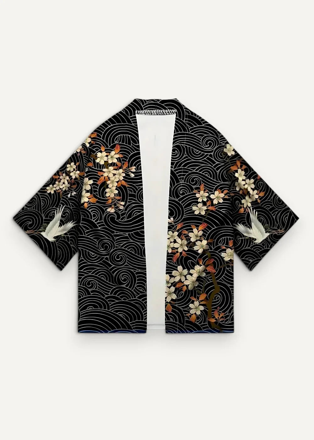 Haori kimono male black japanese-style jacket with white cream cherry blossoms stylized waves and two white birds