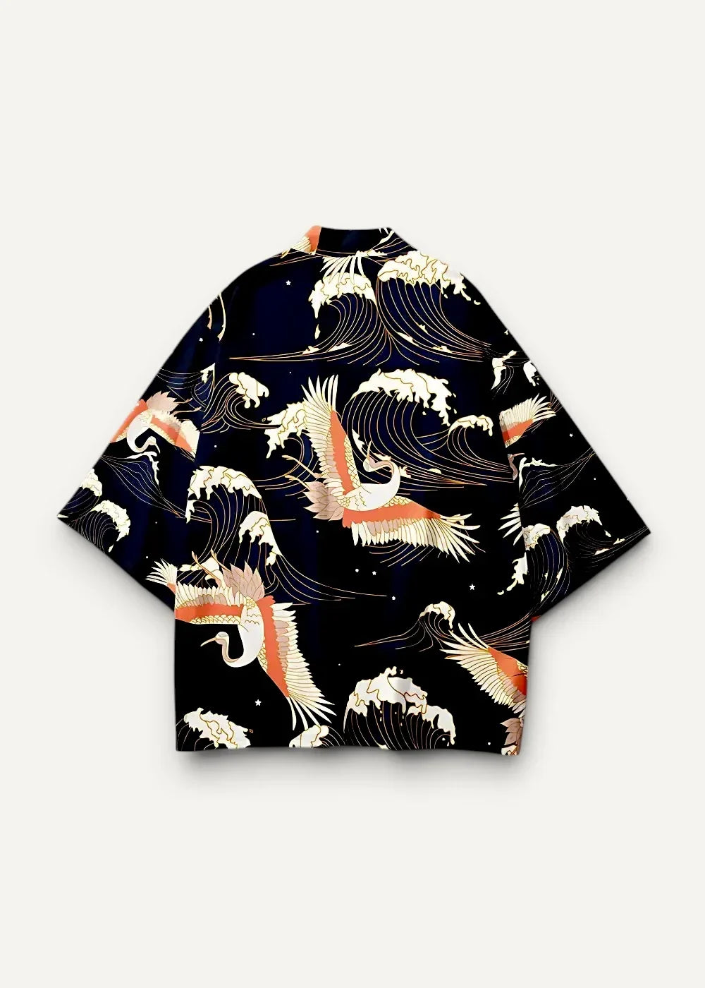 Black haori kimono male featuring a vibrant print of white and orange cranes soaring above stylized waves