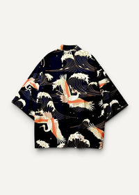 Black haori kimono male featuring a vibrant print of white and orange cranes soaring above stylized waves