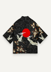 Black haori kimono male jacket with red sun white cranes floral patterns on swirling wave background back side view
