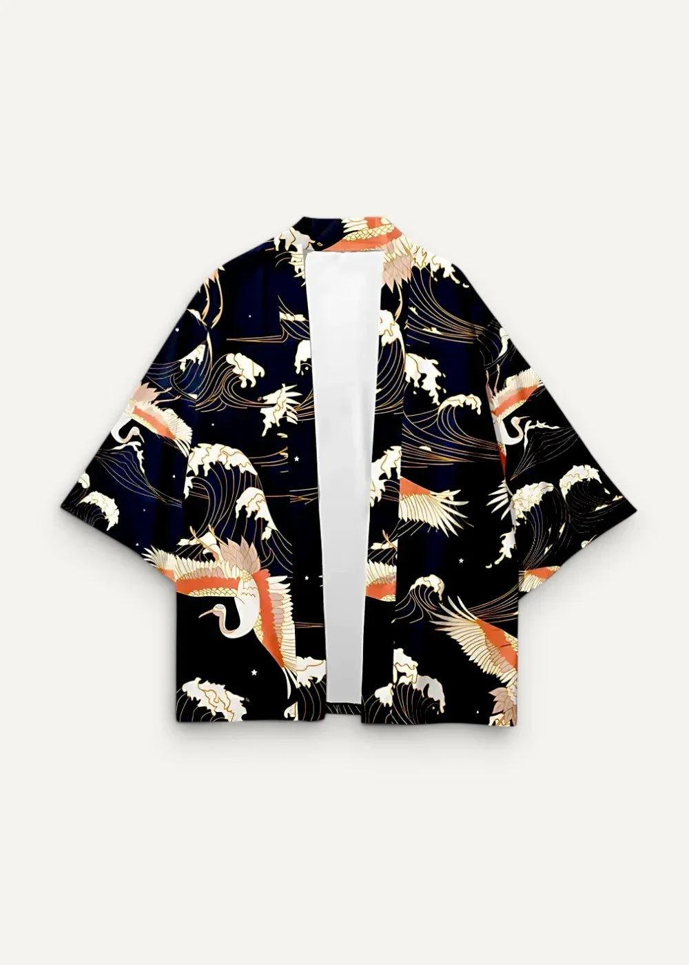 Black haori kimono male jacket featuring vibrant white and orange crane print with stylized waves and gold accents