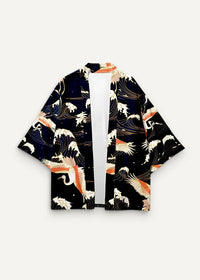 Black haori kimono male jacket featuring vibrant white and orange crane print with stylized waves and gold accents