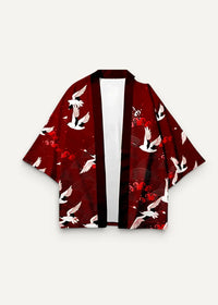 Haori kimono male deep red jacket with white flying birds pattern and subtle wave motifs black trim edges