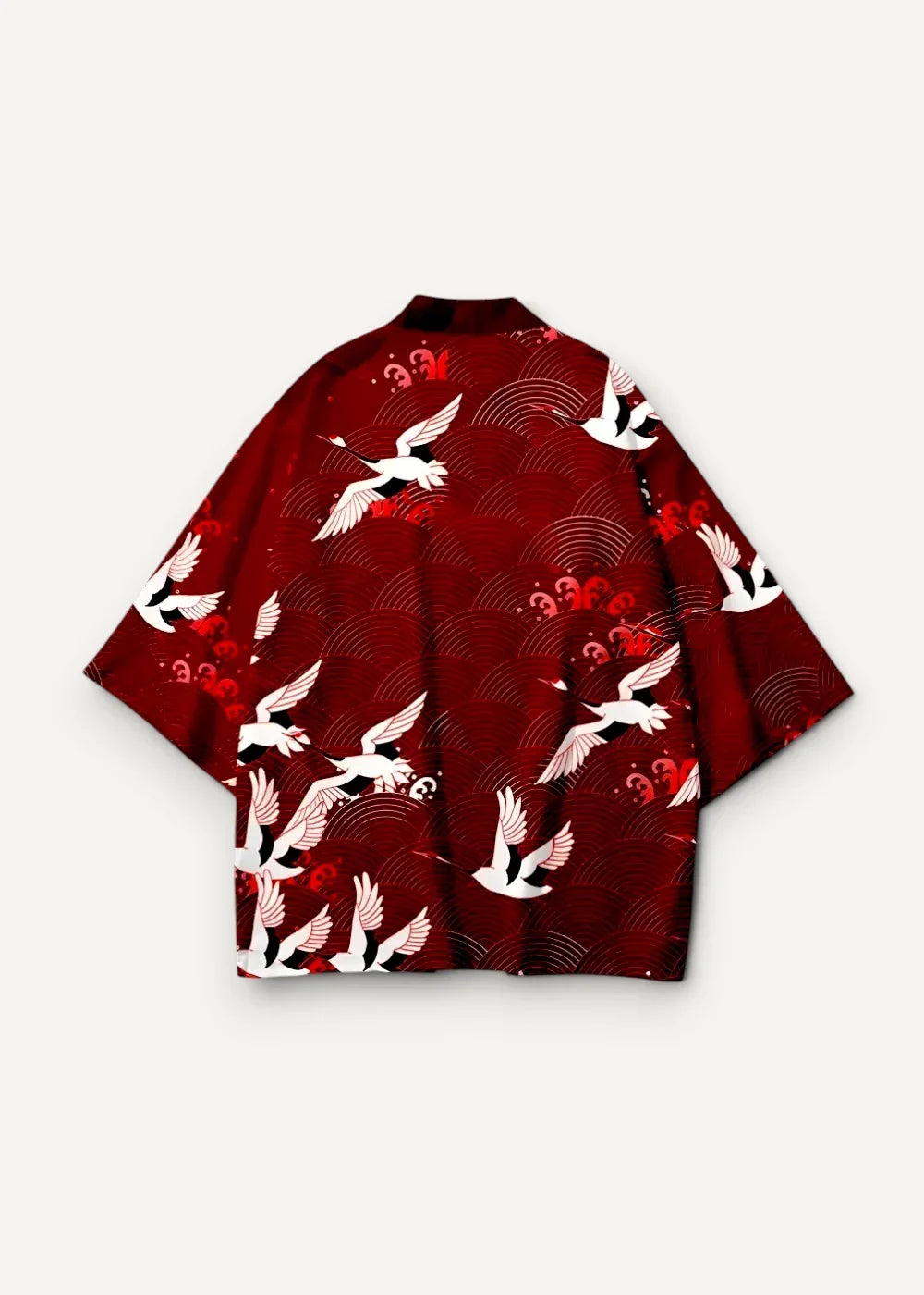 Haori kimono male in deep red with white crane pattern and subtle wave and cloud motifs in japanese style