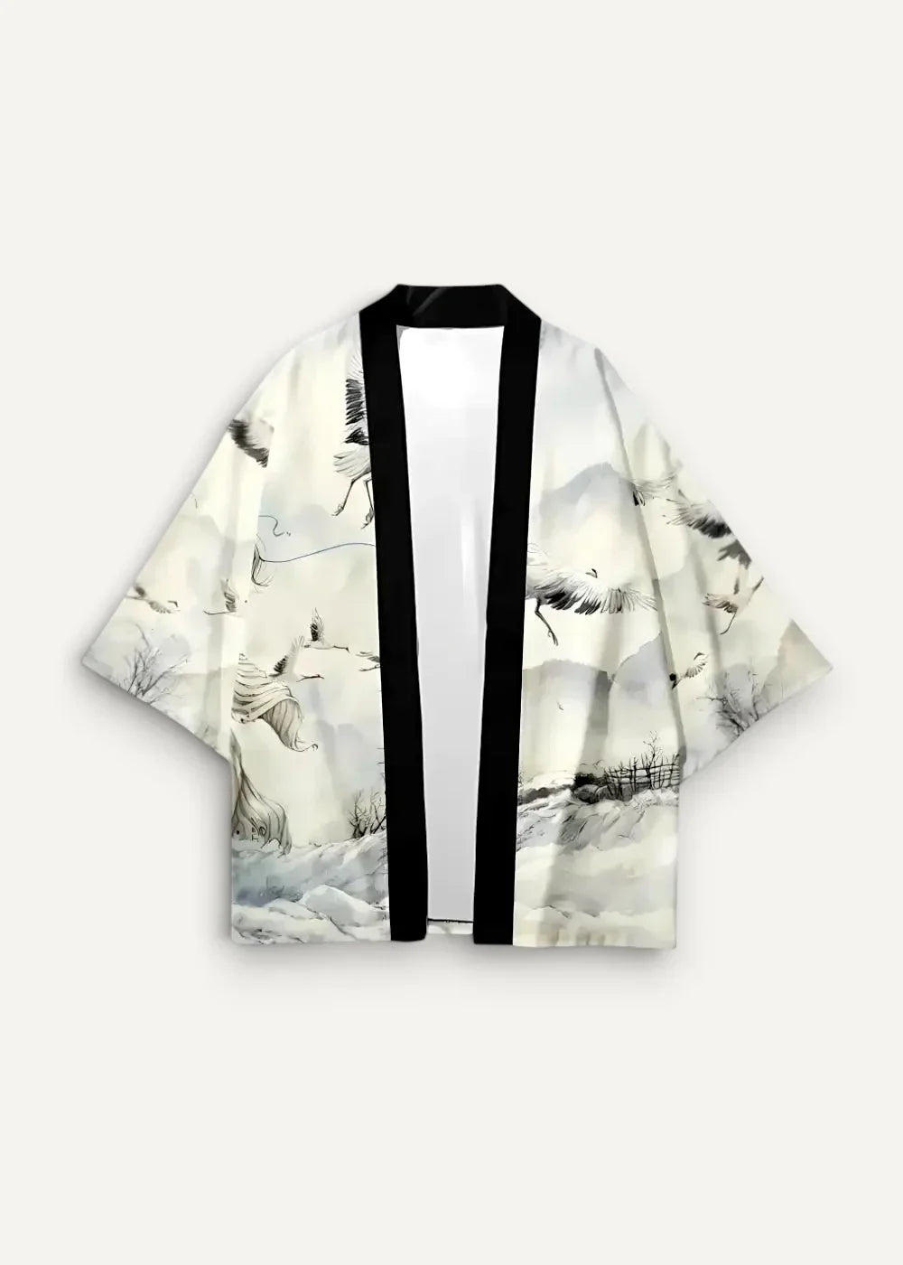 White haori kimono male jacket with black trim and ink-wash crane design over snowy mountains