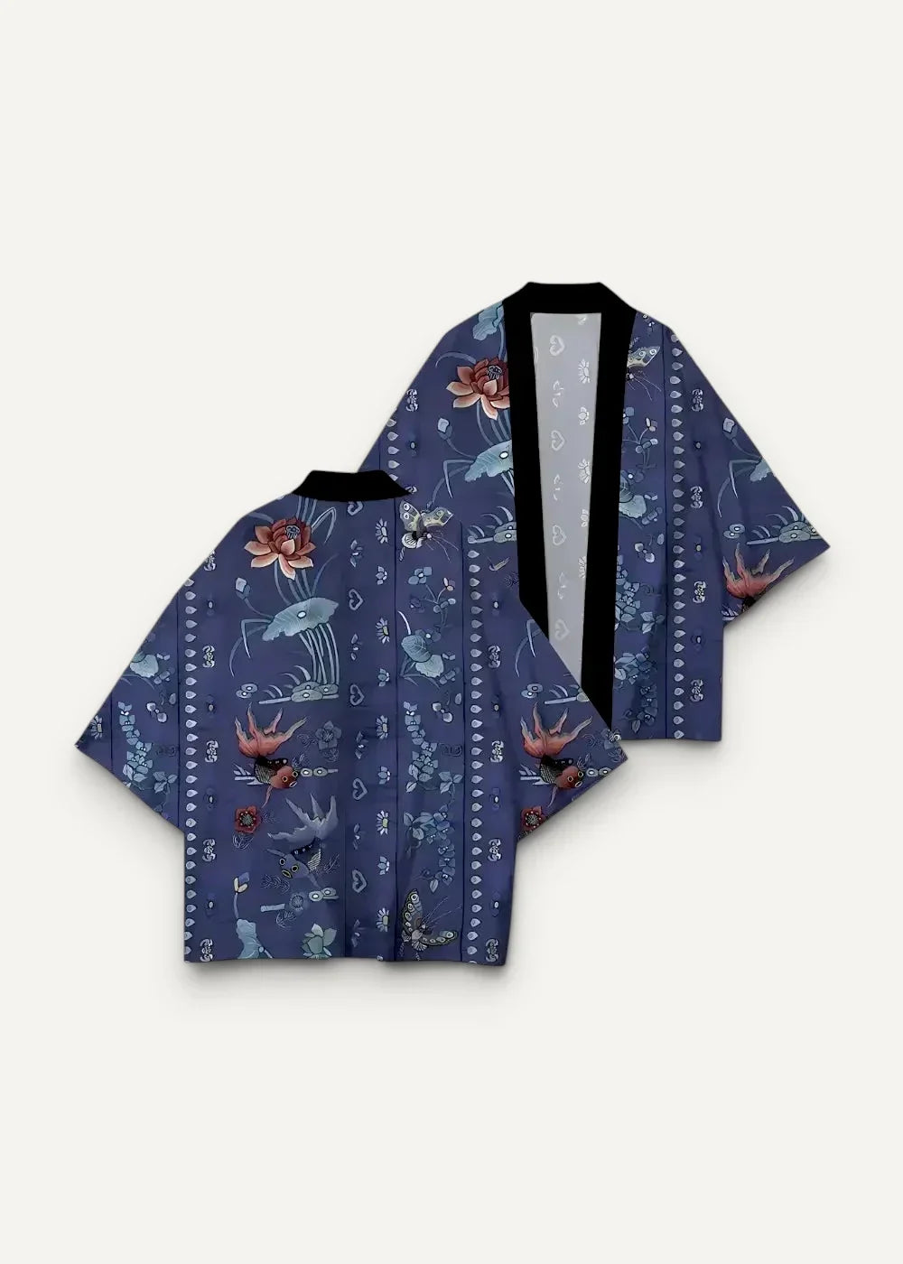 Deep blue haori men kimono with intricate floral and bird patterns in soft pink peach and light blue hues visible on back side