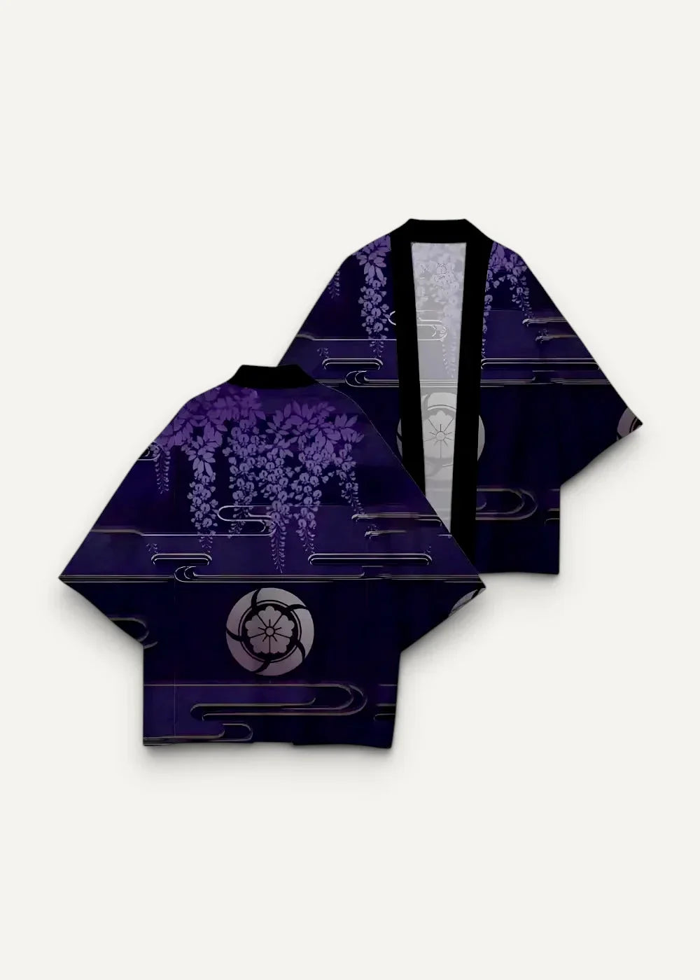 Deep purple haori men kimono back with intricate wisteria cloud patterns and central circular emblem