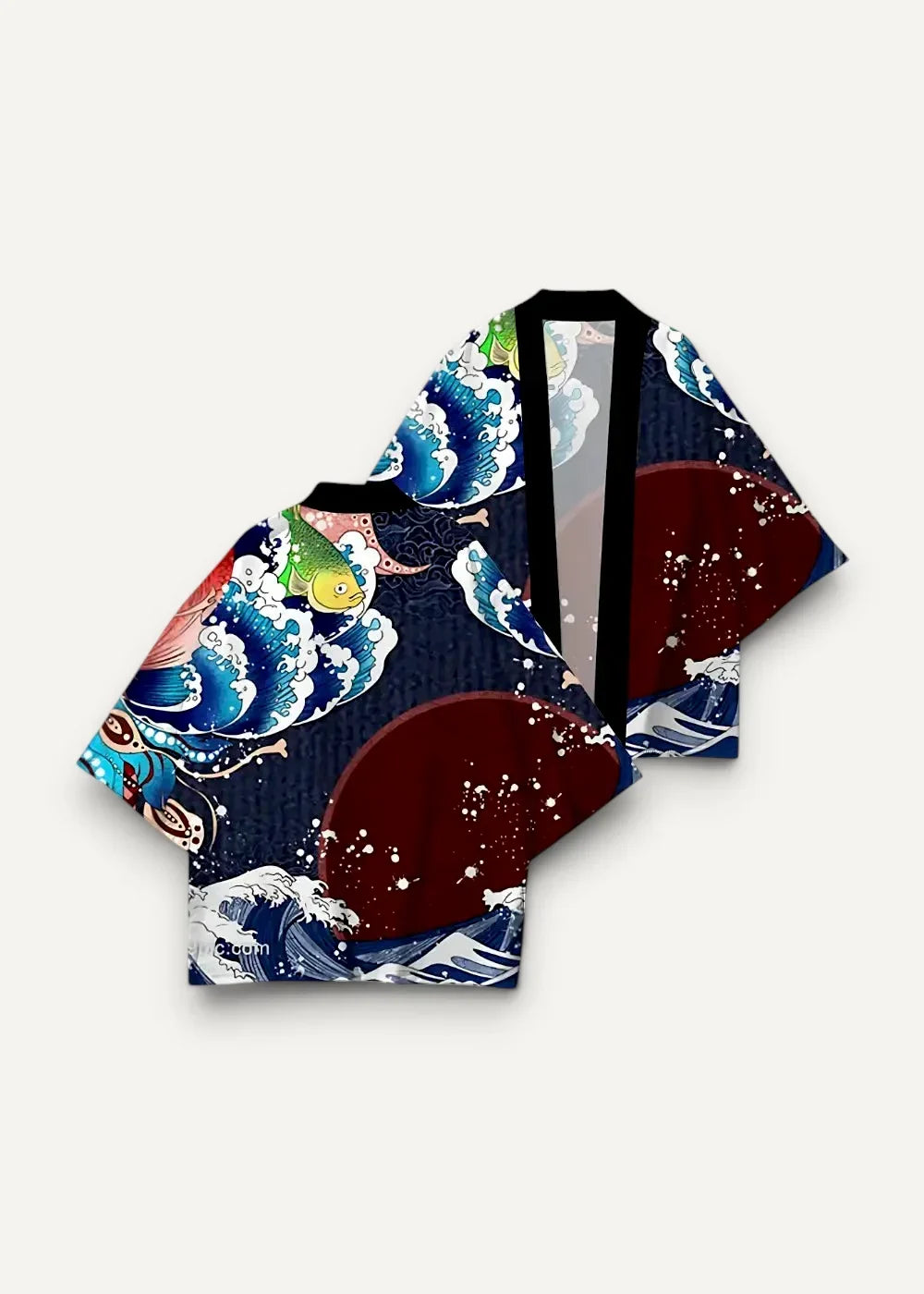 Haori men navy blue kimono with vibrant wave print featuring stylized fish and crashing waves in white teal red and green