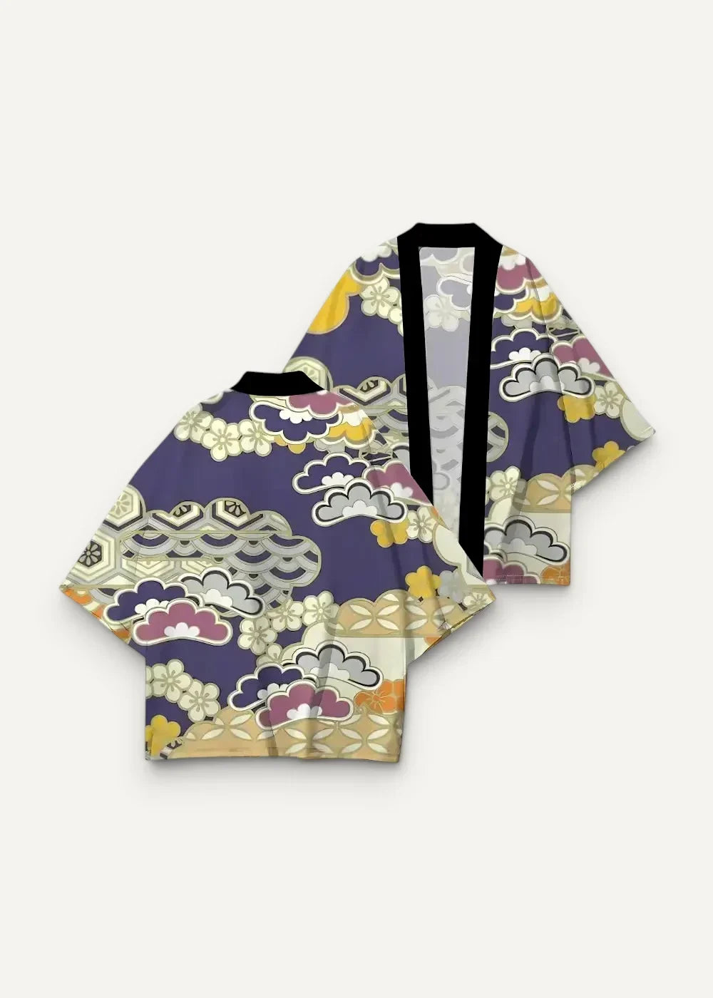Haori men purple kimono with traditional japanese cloud flower and geometric cream yellow pink gray pattern back view
