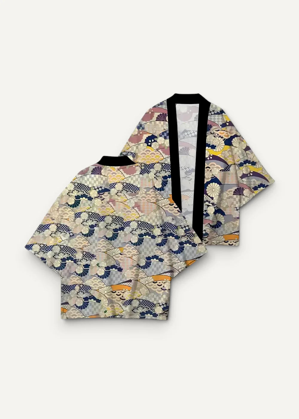 Haori men kimono with delicate colorful wave and floral pattern in soft pastels on light beige fabric shown from the back