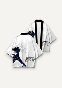 Haori men white kimono-style top with black trim featuring great wave off kanagawa design and pink koi fish