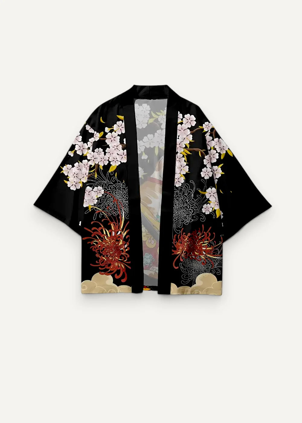 Black haori streetwear kimono with white cherry blossoms red chrysanthemums and gold cloud embroidery on the back