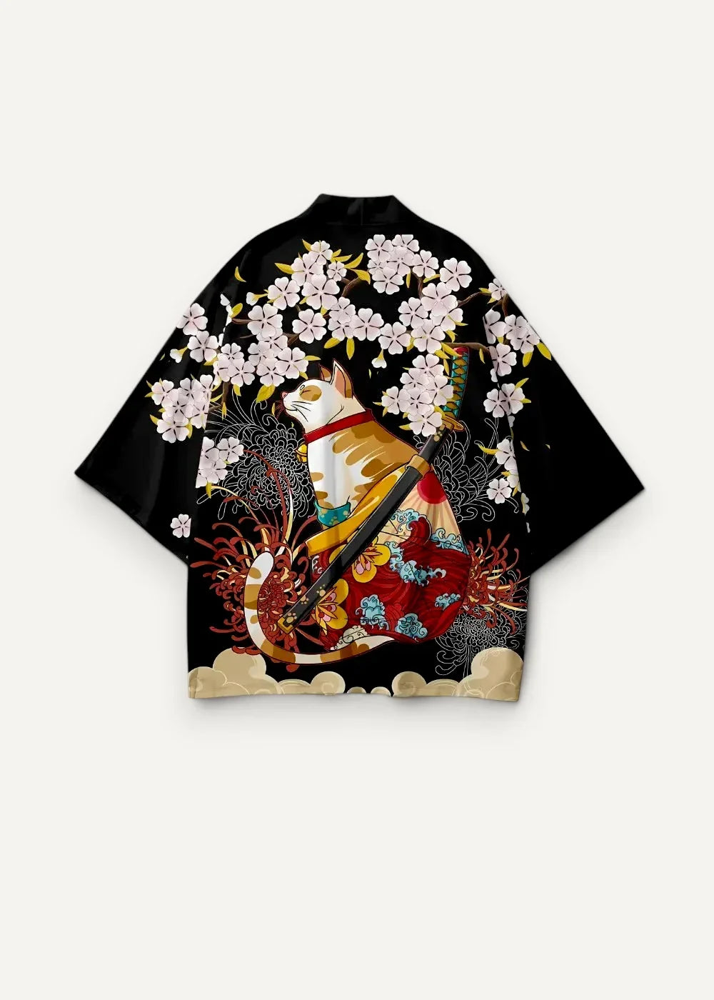 Black haori streetwear kimono featuring an orange and white cat with cherry blossoms and red floral patterns on the back