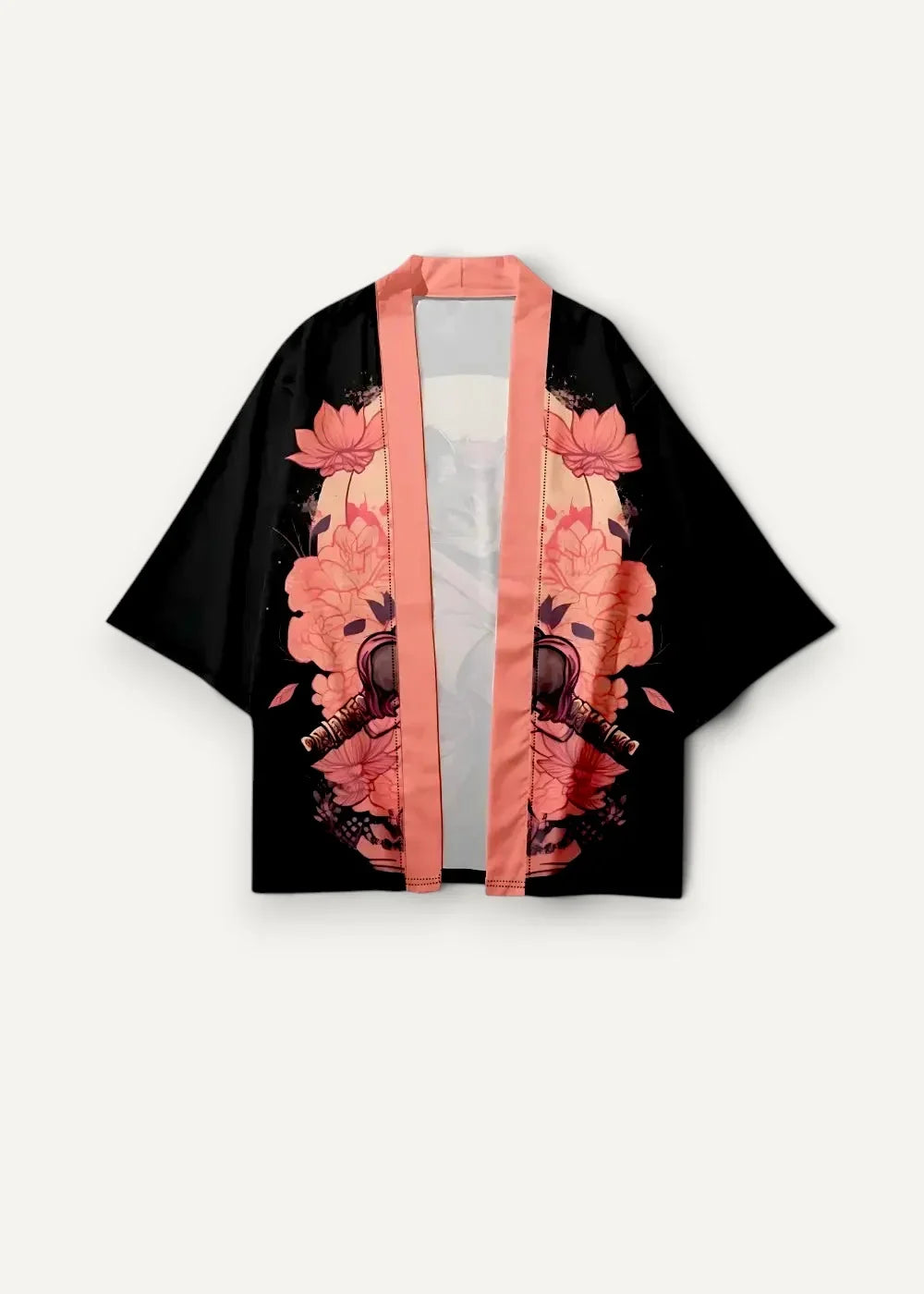 Black haori streetwear kimono with peach floral and skull design and matching peach trim along front opening