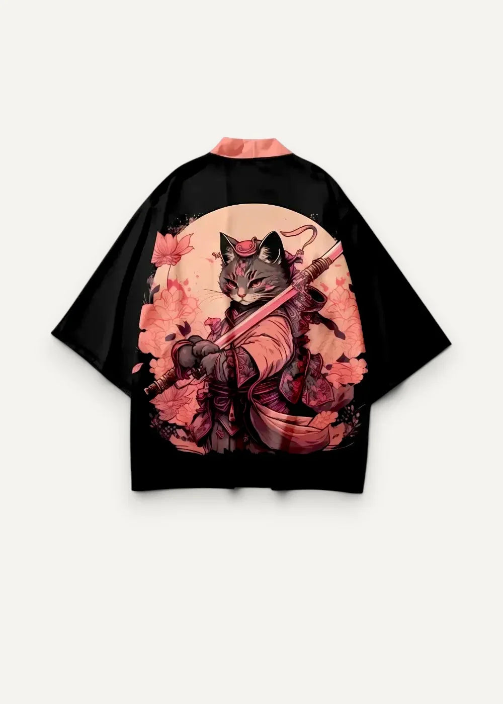 Black kimono-style haori streetwear jacket with vibrant pink and red cat warrior illustration holding sword on blossom background