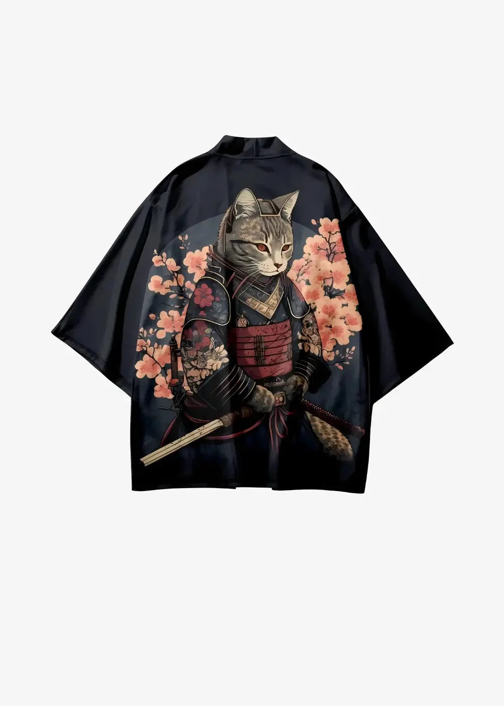 Black satin haori kimono with gray tabby cat samurai in red armor and pink cherry blossoms for streetwear