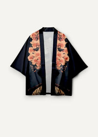 Black silk haori streetwear kimono with peach blossoms and black branches printed along the front opening