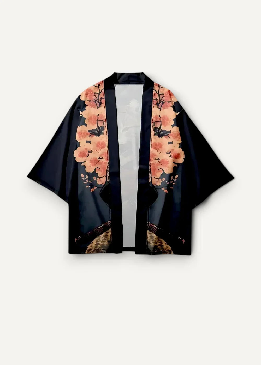Black silk haori streetwear kimono with peach blossoms and black branches printed along the front opening