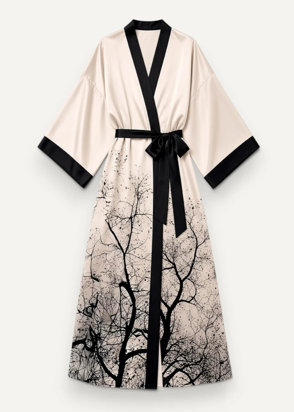 Ivory satin robe cream-colored silk with black trim and tree branch print tied at the waist with matching belt