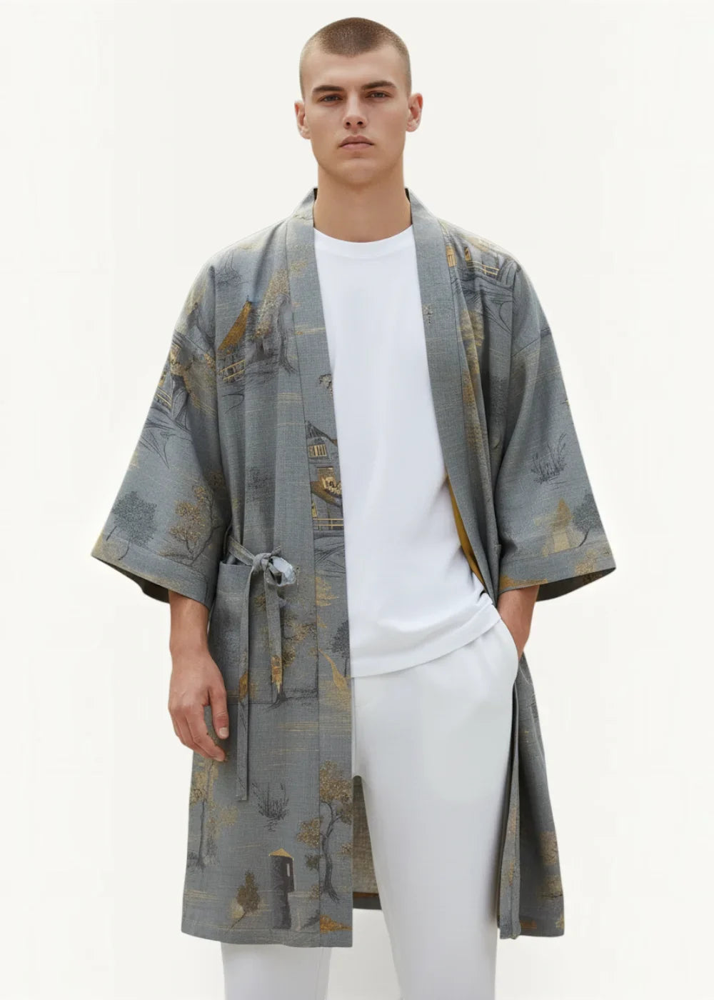 Gray patterned japanese bathrobe kimono with gold traditional village scene and matching fabric belt tied at the waist
