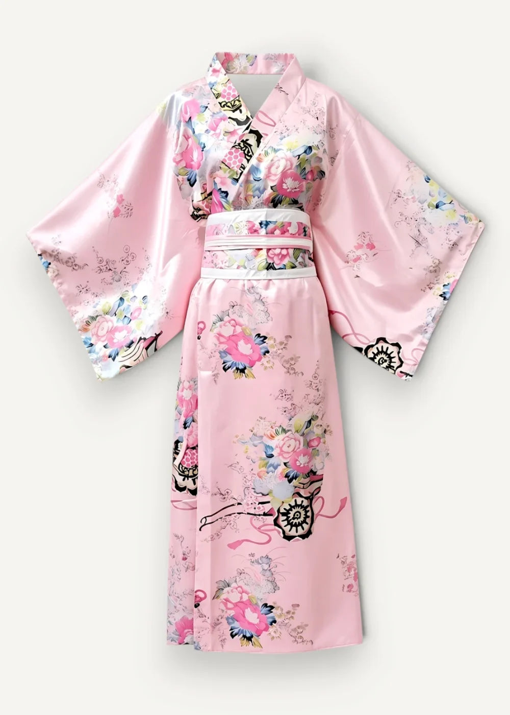 Japanese cotton kimono in pink satin with a floral pattern in shades of pink blue and black