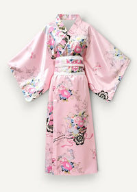 Japanese cotton kimono in pink satin with a floral pattern in shades of pink blue and black