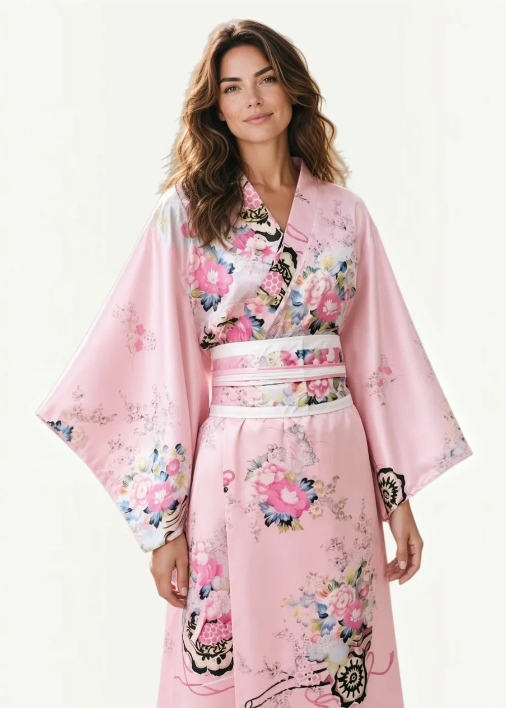A flowing pink satin japanese cotton kimono robe with vibrant pink blue and black floral patterns
