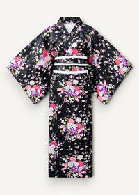 Black floral Japanese flower kimono with pink purple white blossoms on glossy fabric and two wide white obi belts