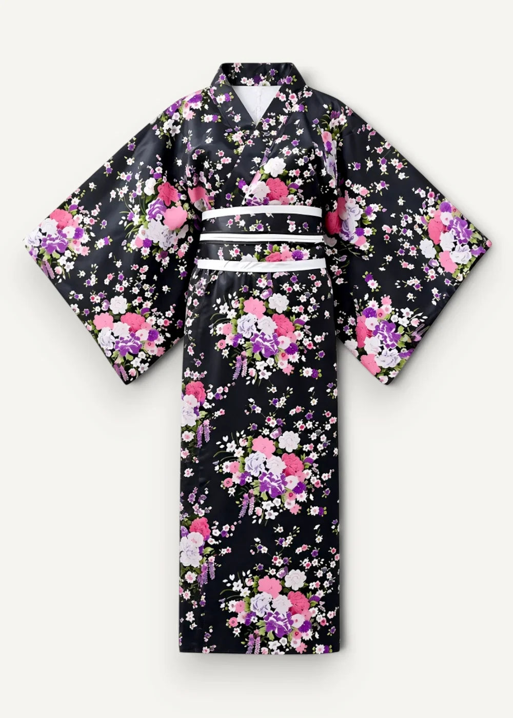 Black floral Japanese flower kimono with pink purple white blossoms on glossy fabric and two wide white obi belts