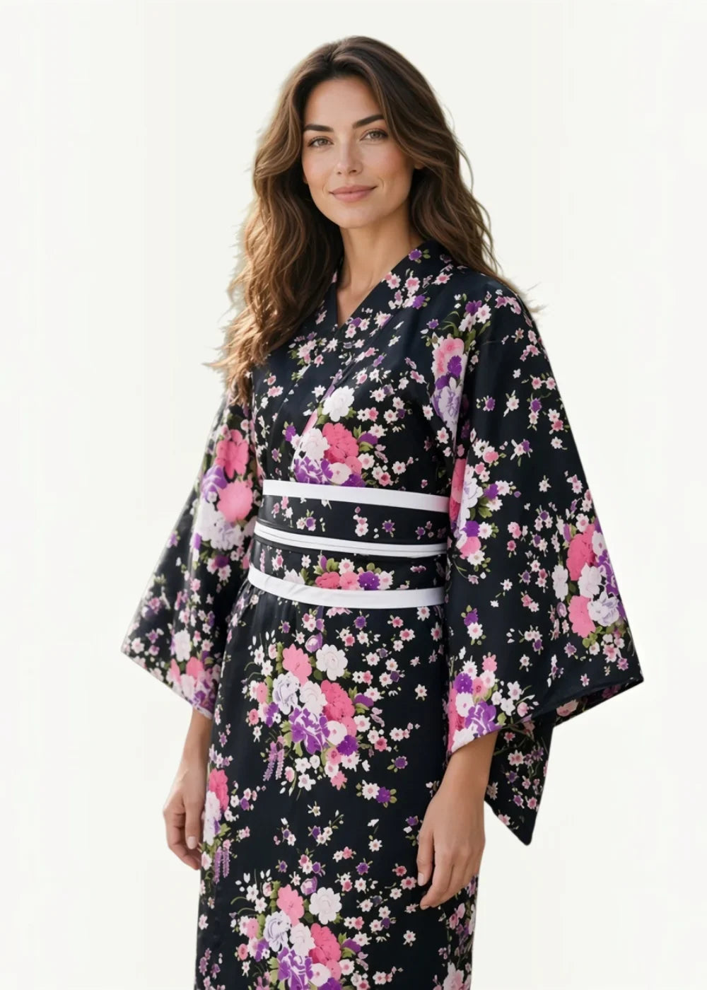 Black floral Japanese flower kimono with pink purple and white blossoms and two horizontal white stripes