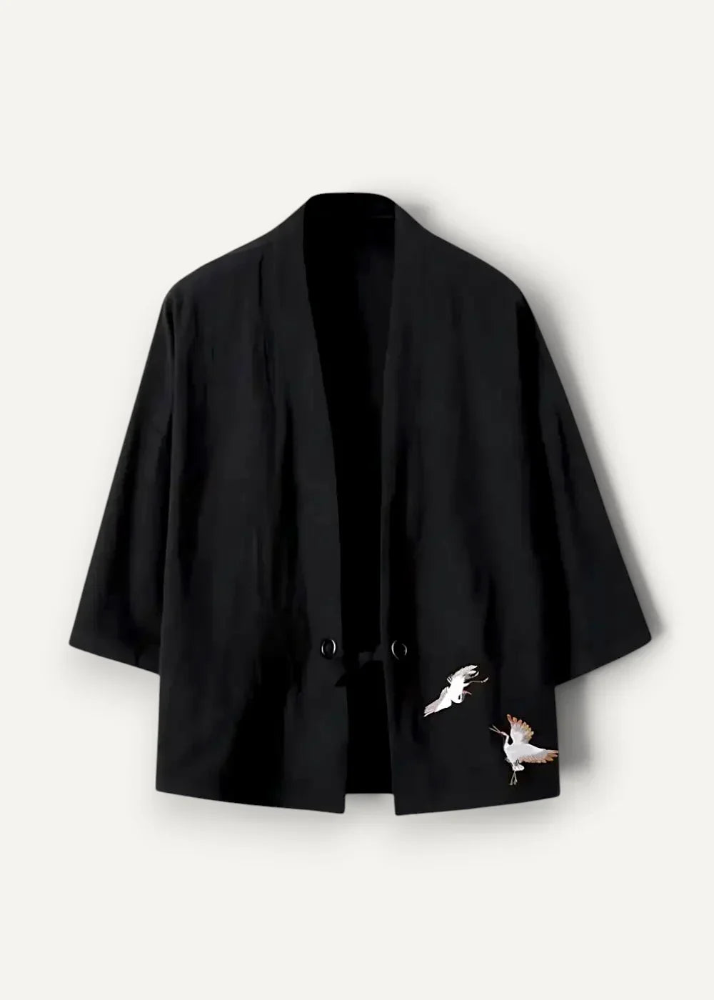 Black Japanese haori jacket with delicate white and gray crane embroidery on the lower right side