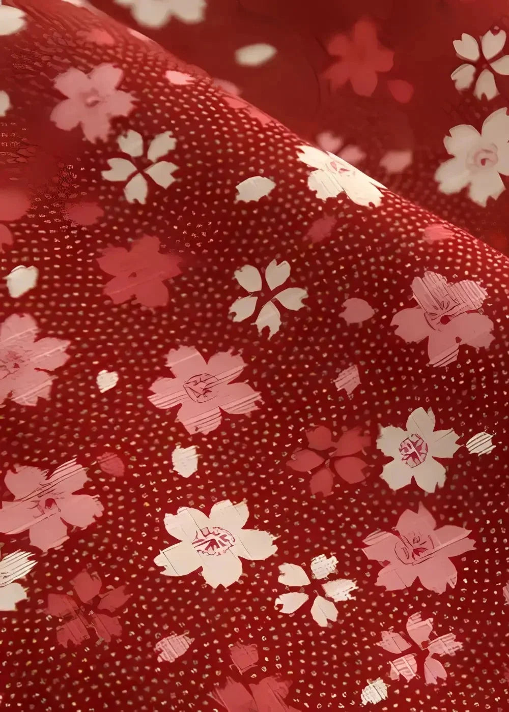 Red fabric of japanese haori jacket with delicate pink and white cherry blossom pattern scattered on the back side
