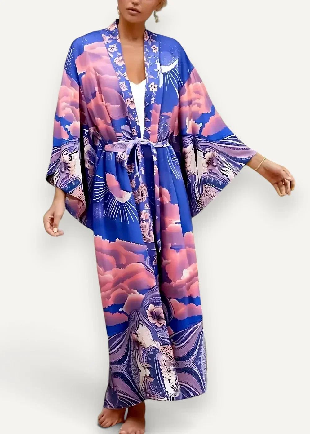 A flowing long-sleeved blue and pink cloud-patterned Japanese kimono dress with a matching belt