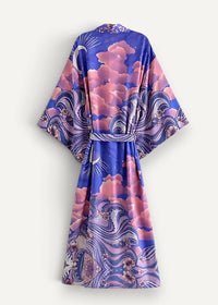 Japanese kimono dress in vibrant purple and pink with celestial clouds waves and floral motifs flowing long sleeves