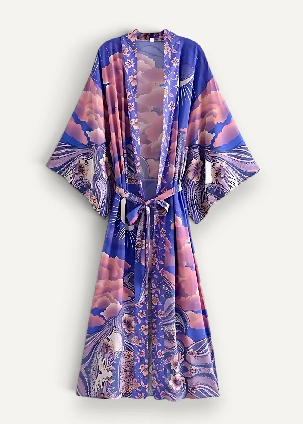 A flowing purple and pink floral-patterned Japanese kimono dress with soft fabric and an elegant matching belt
