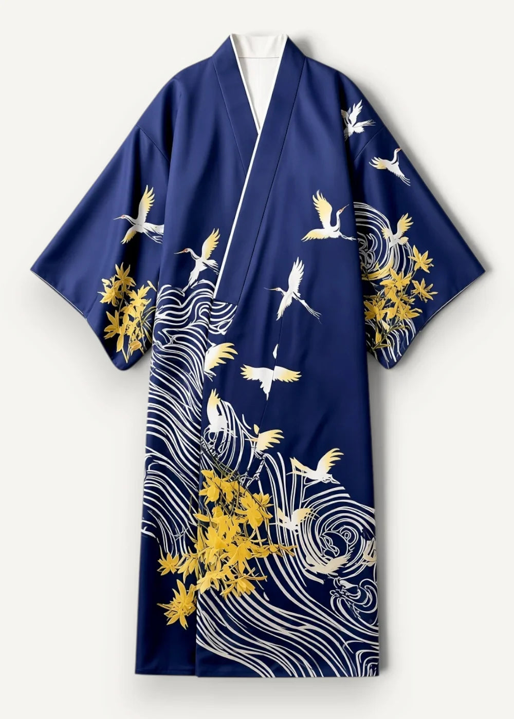 Deep navy blue japanese kimono for female with white cranes golden maple leaves and swirling wave patterns
