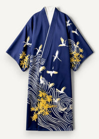 Deep navy blue japanese kimono for female with white cranes golden maple leaves and swirling wave patterns