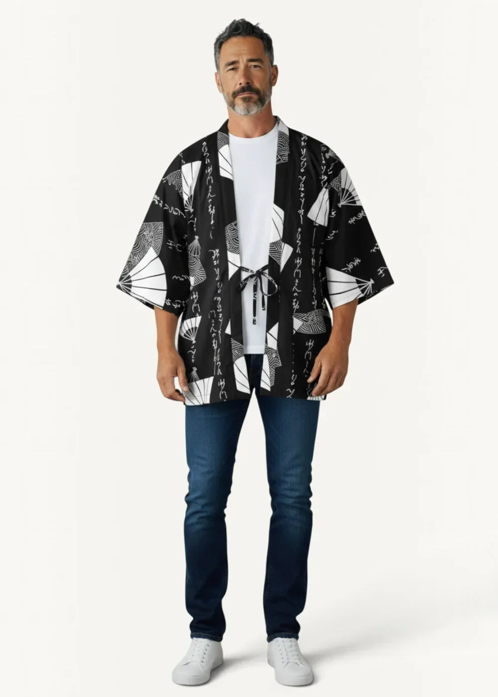 Black and white patterned Japanese kimono jacket for men featuring fan and calligraphy designs