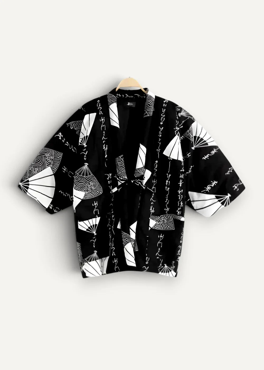 Black and white patterned japanese kimono jacket for men with fan motifs visible on front side
