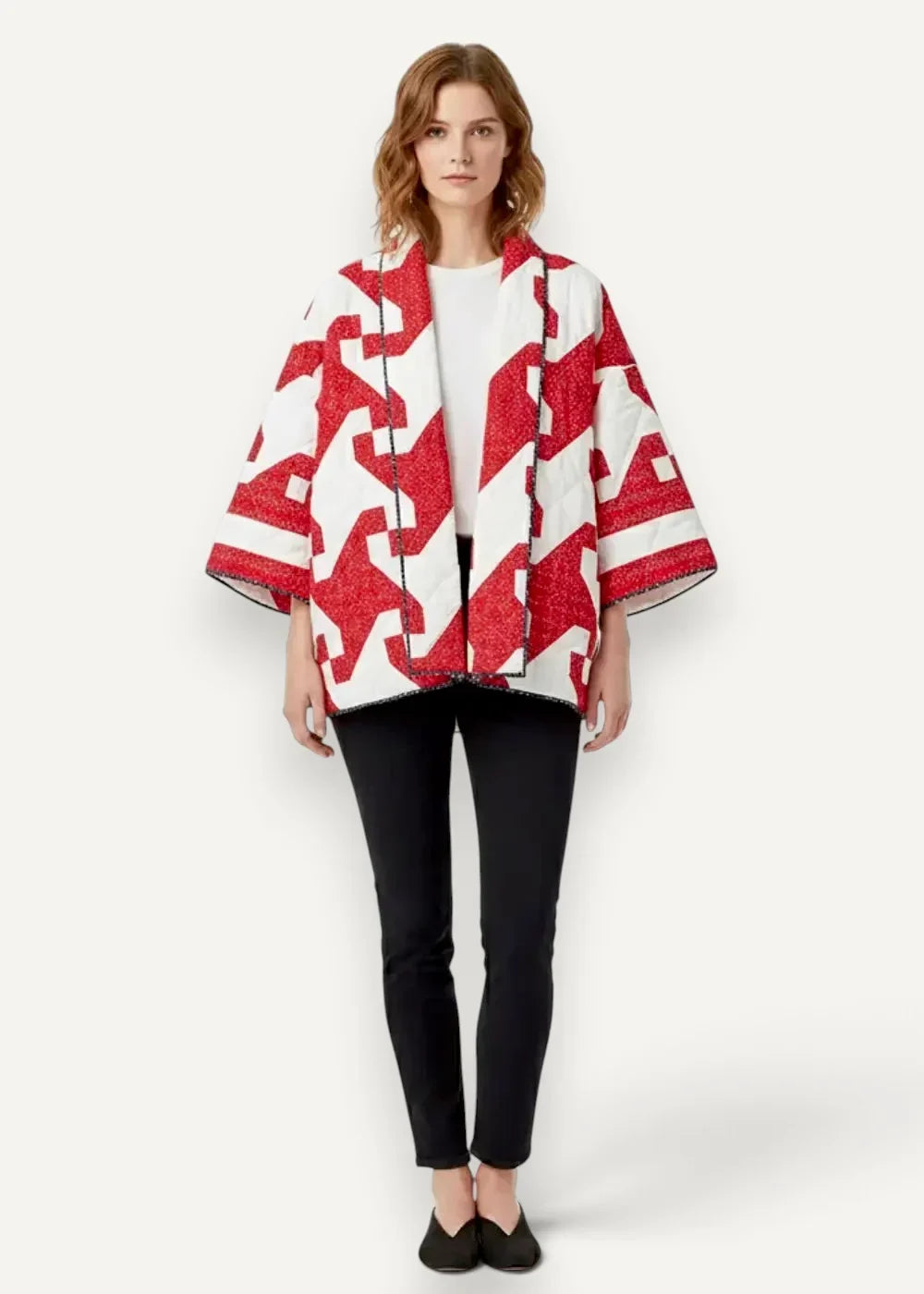Red and white geometric-patterned quilted cape with textured glittery finish japanese kimono jacket