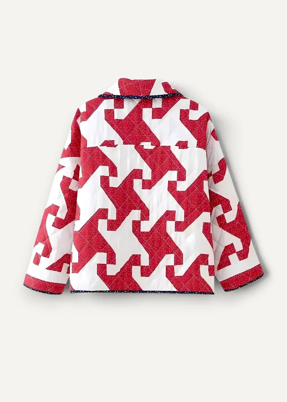 Japanese kimono jacket featuring a red and white houndstooth quilted fabric with navy blue trim