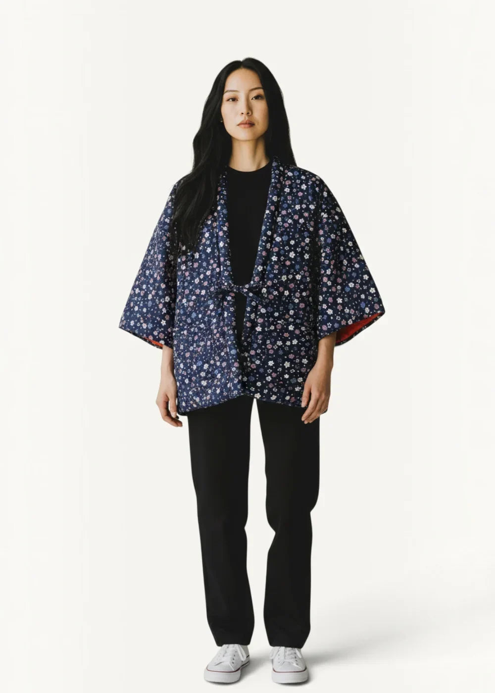 Japanese kimono jacket women’s navy blue floral pattern with white and light purple dots wide sleeves and front tie closure