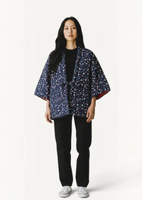 Japanese kimono jacket women’s navy blue floral pattern with white and light purple dots wide sleeves and front tie closure