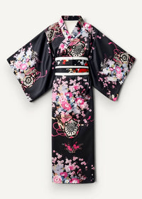Black silk Japanese kimono long with vibrant pink white floral and intricate geometric patterns shown from the back