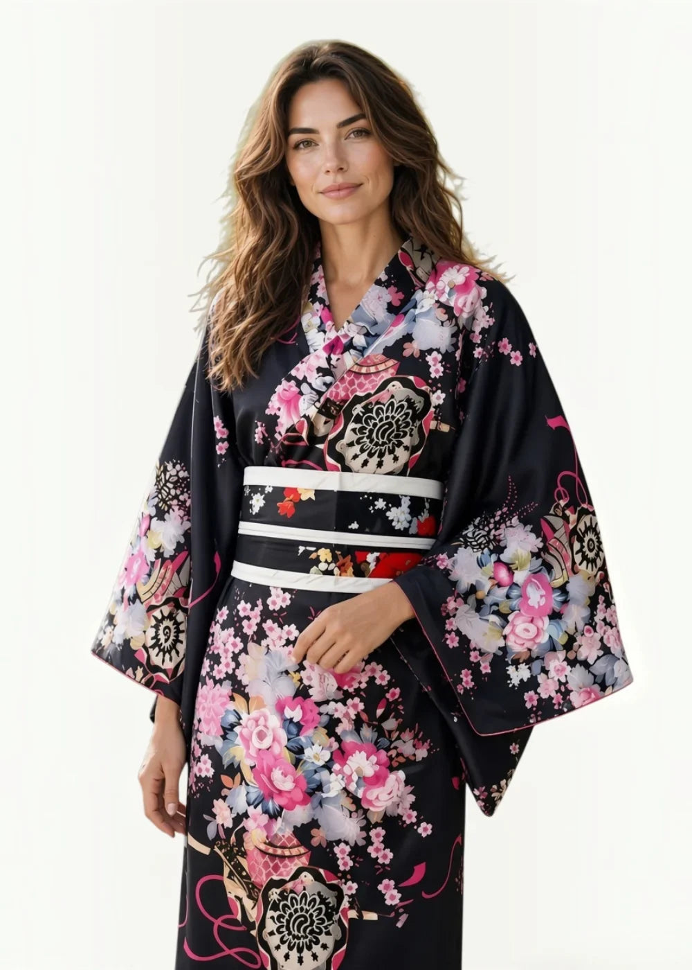 Black silk Japanese kimono long with vibrant pink white and red floral patterns and bold black geometric motifs